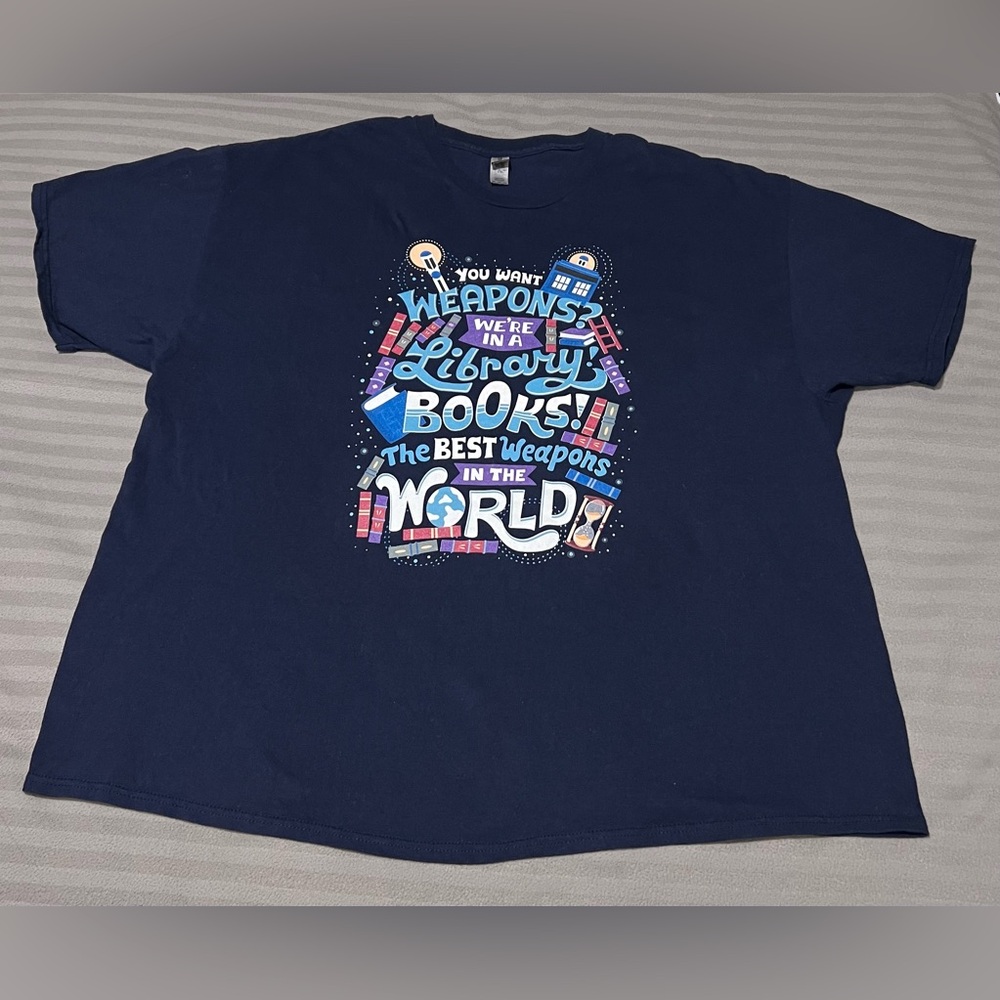 Gildan 3XL Blue T Shirt “Books Library” 100% Cotton Pre Owned